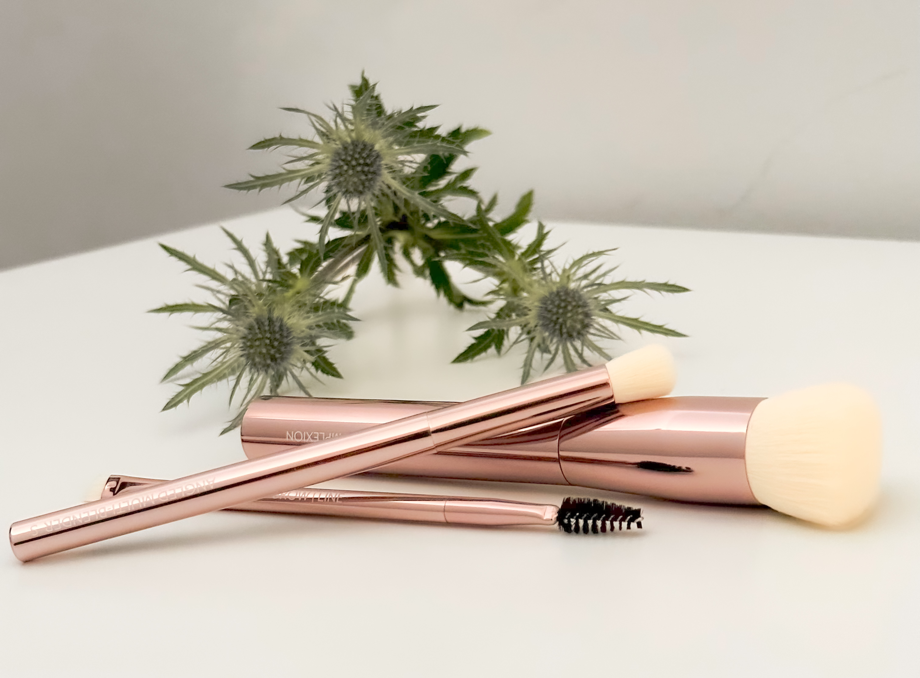 A stack of Jenny Patinkin Sustainable Luxury Makeup Brushes of differing sizes on a table near some bristly flowers.