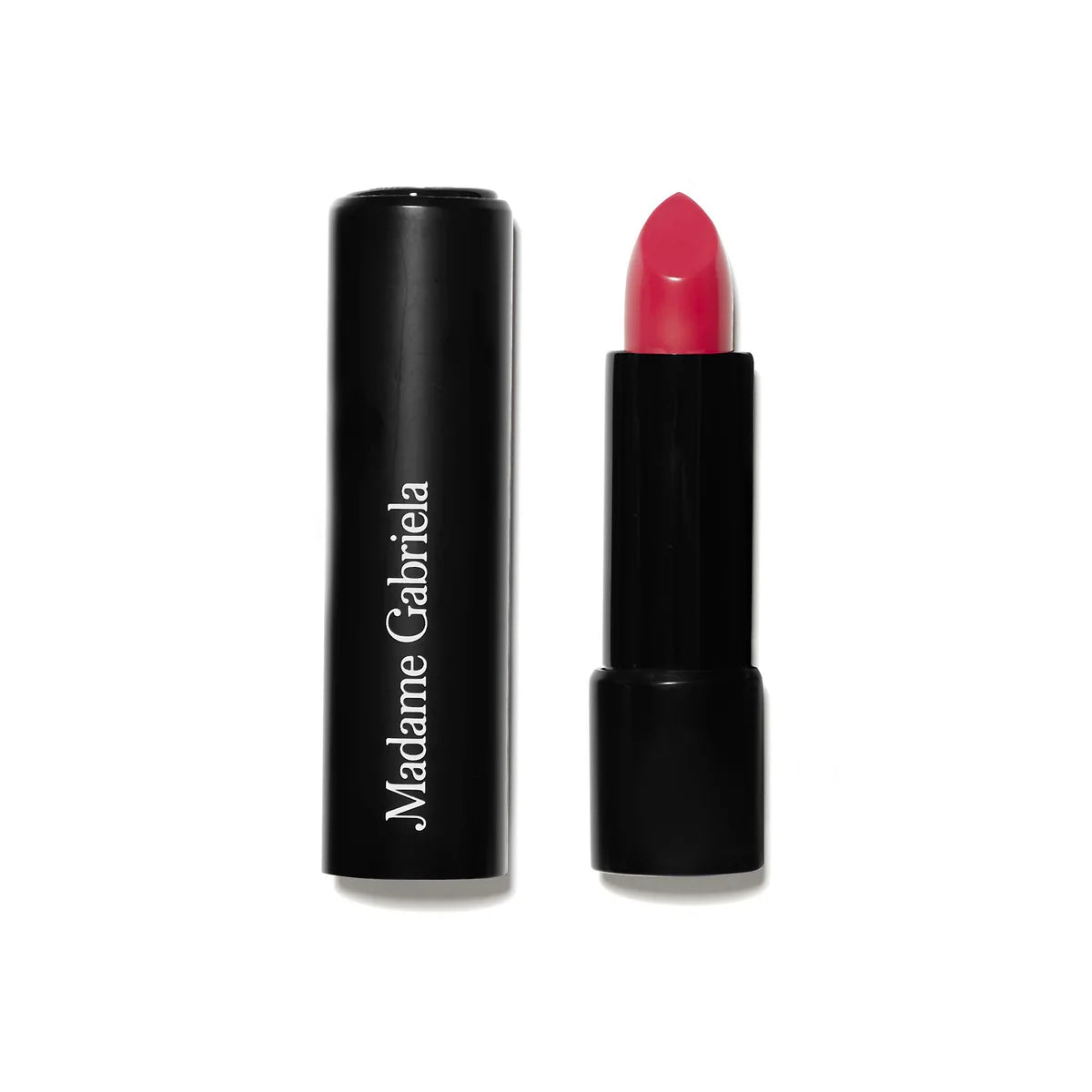 A black press-open tube of Madame Gabriela Clean Beauty Lipstick | New York at 1 pm with white branding and rich pink color.