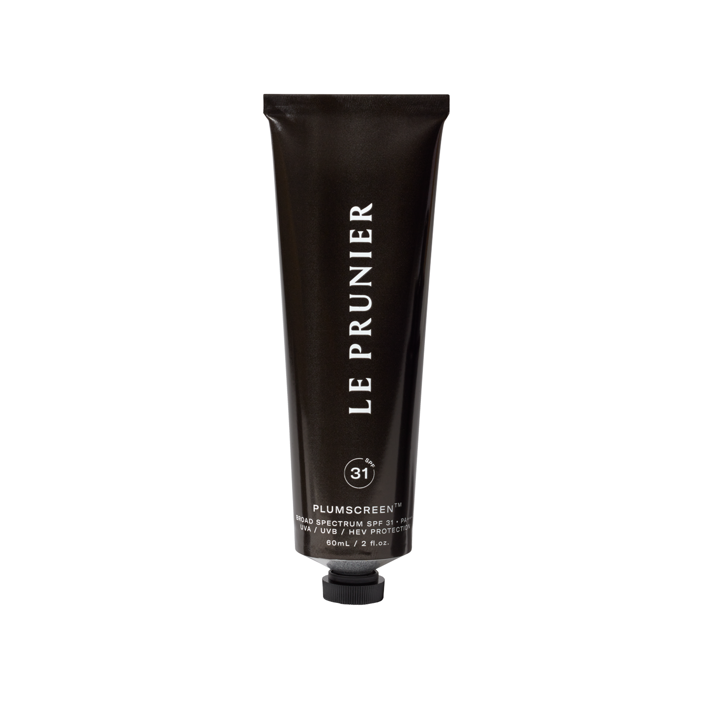 Le Prunier Plumscreen SPF 31+++ in a black squeeze tube with white product text and a small black screw-on cap.
