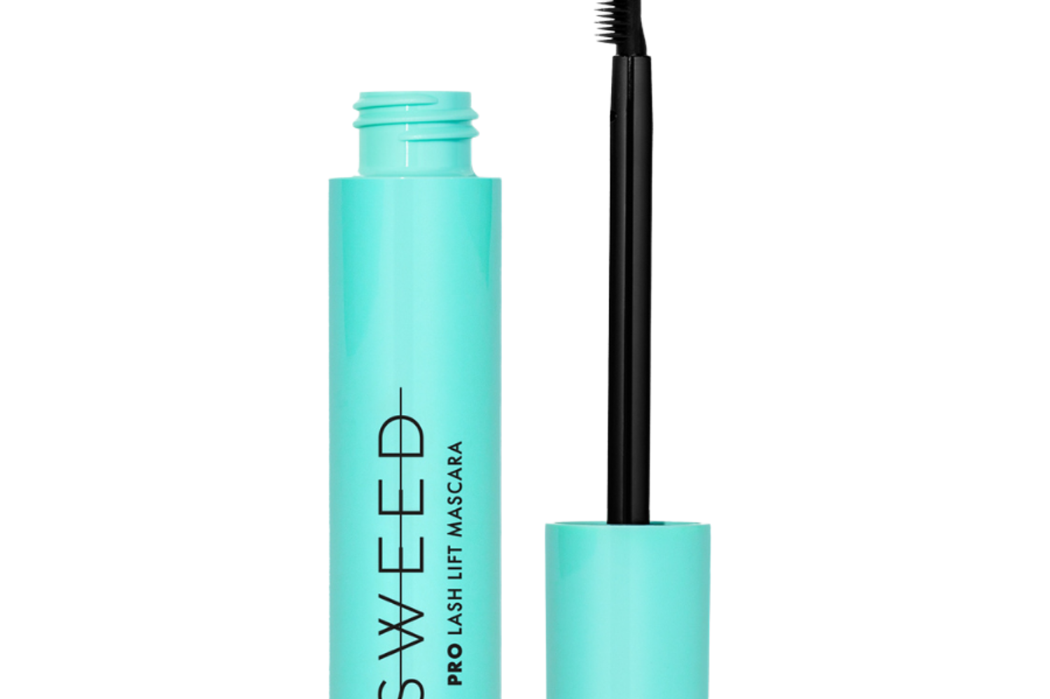 SWEED Pro Lash Lift Mascara in a sky blue bottle with black SWEED branding, and a black mascara wand.