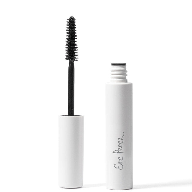 Ere Perez Avocado Waterproof Mascara in a white bottle with a screw-on wand top.