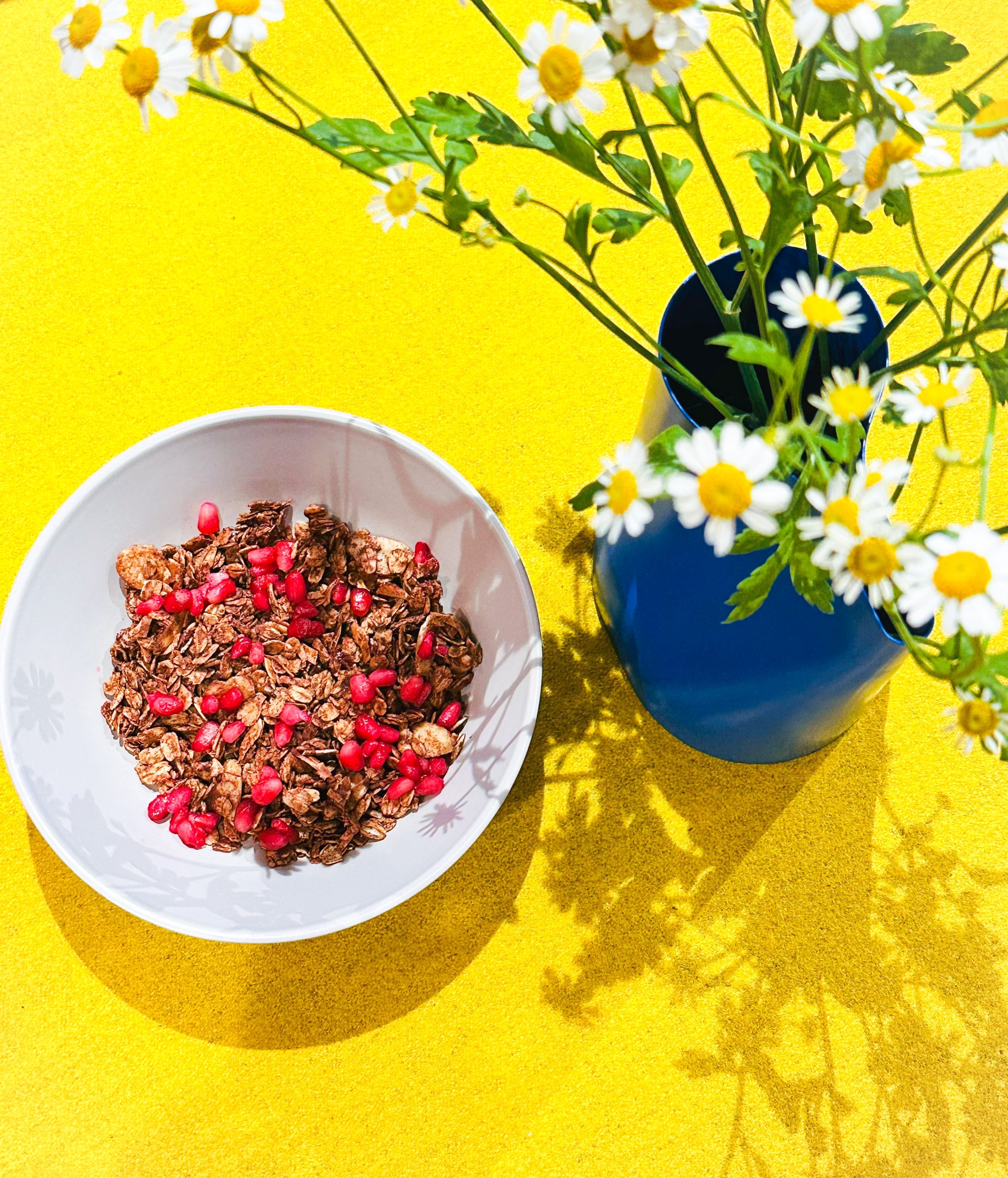 granola with pomogranate with flowers next to the bowl.