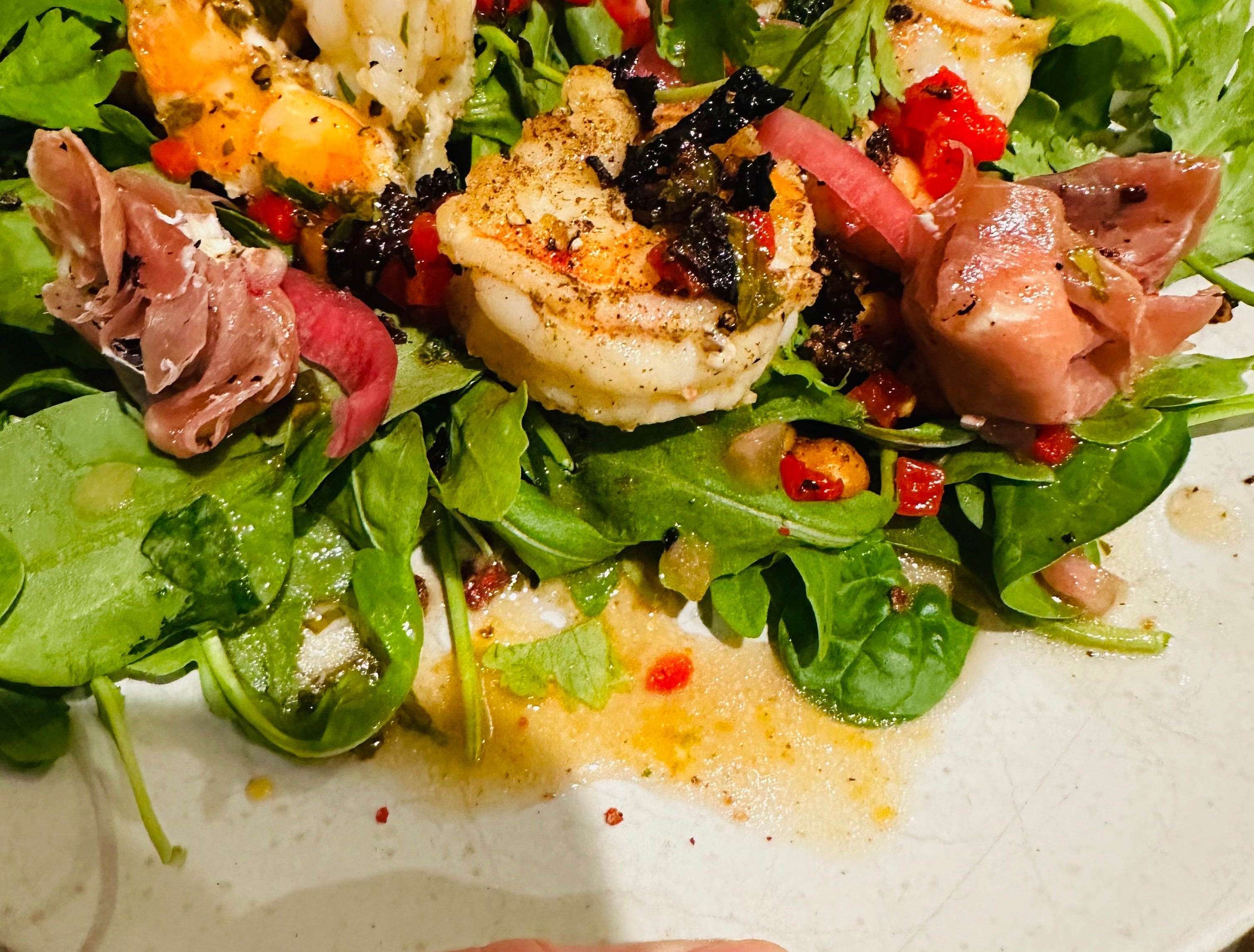 
  
  Salad with prosciutto wrapped goat cheese and shallots 
  
