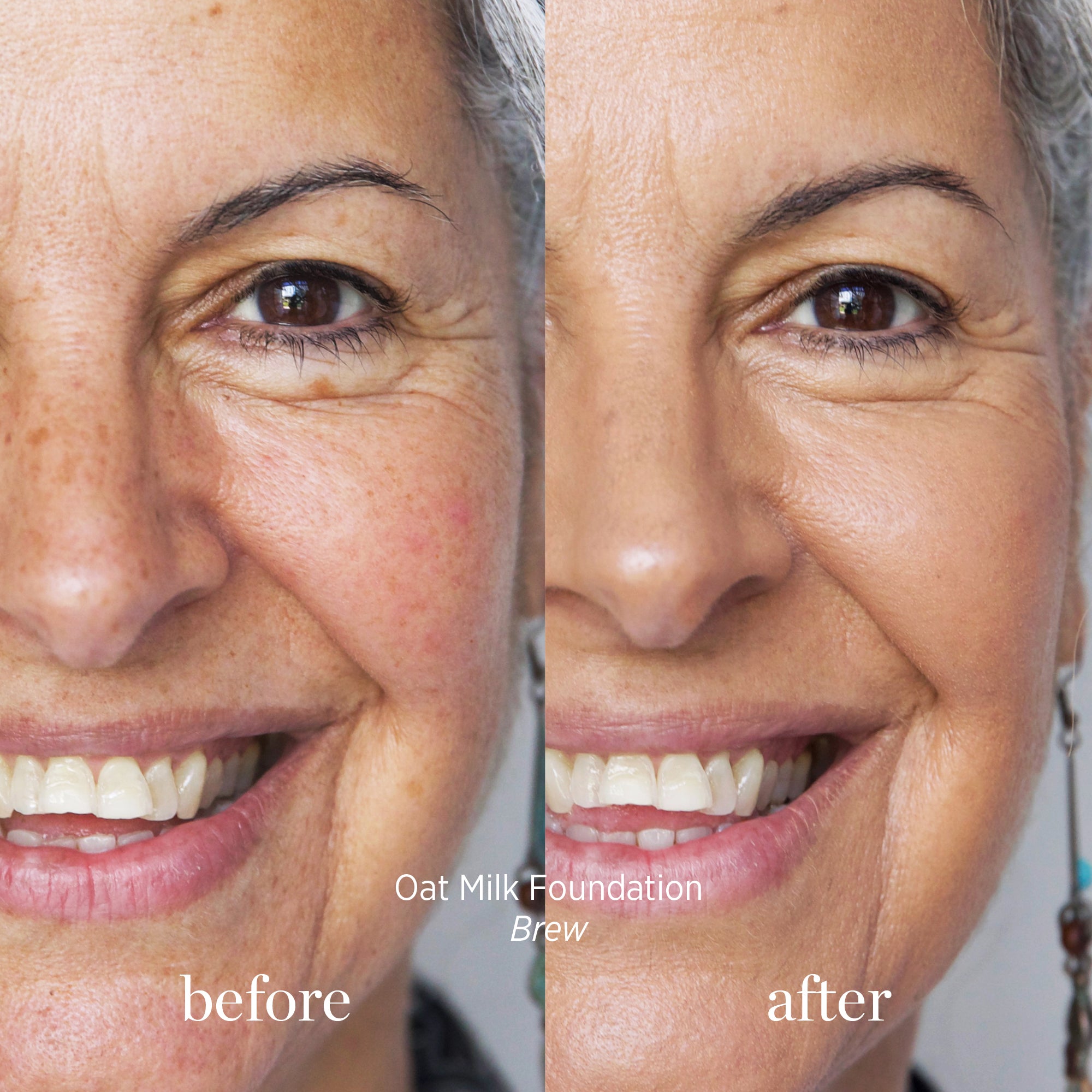 
  
  Ere Perez Oat Milk Foundation Brew on a woman with medium complexion and neutral undertones. Before and after.
  
