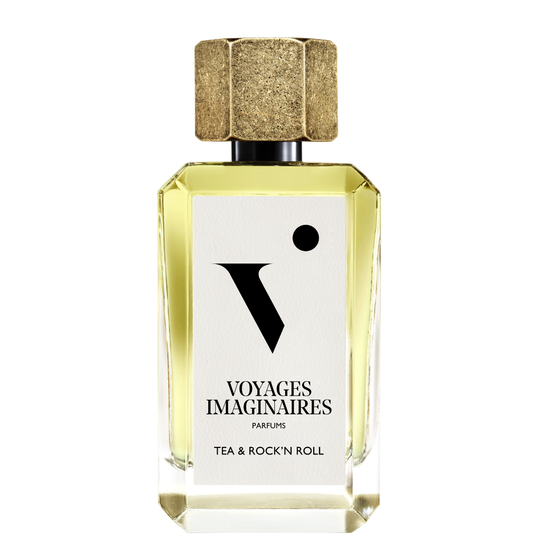 
  
  Tea & Rock ’n Roll perfume in a faceted glass bottle with white logo sticker and textured gold magnetic cap.
  
