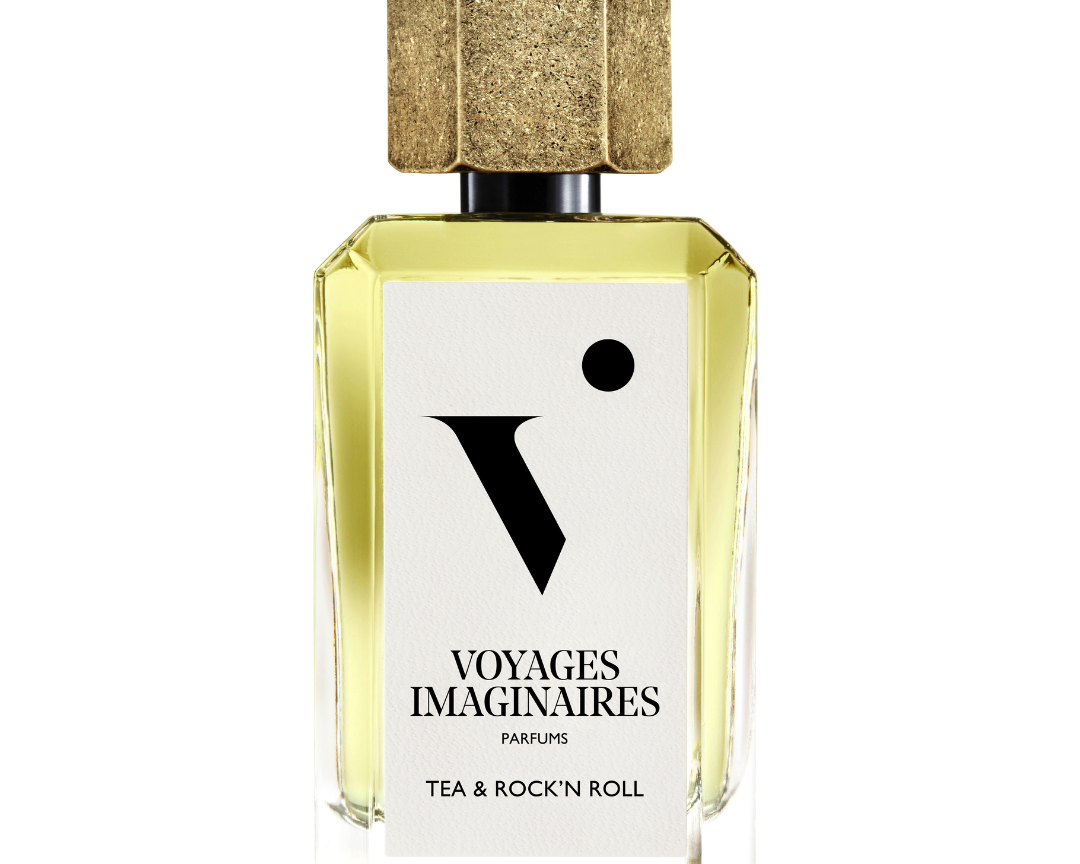 
  
  Tea & Rock ’n Roll perfume in a faceted glass bottle with white logo sticker and textured gold magnetic cap.
  
