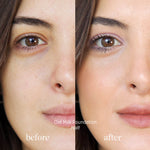 
  
  Ere Perez Oat Milk Foundation Malt on a woman with light complexion and golden undertones. Before and after.
  
