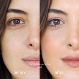 
  
  Ere Perez Oat Milk Foundation Malt on a woman with light complexion and golden undertones. Before and after.
  
