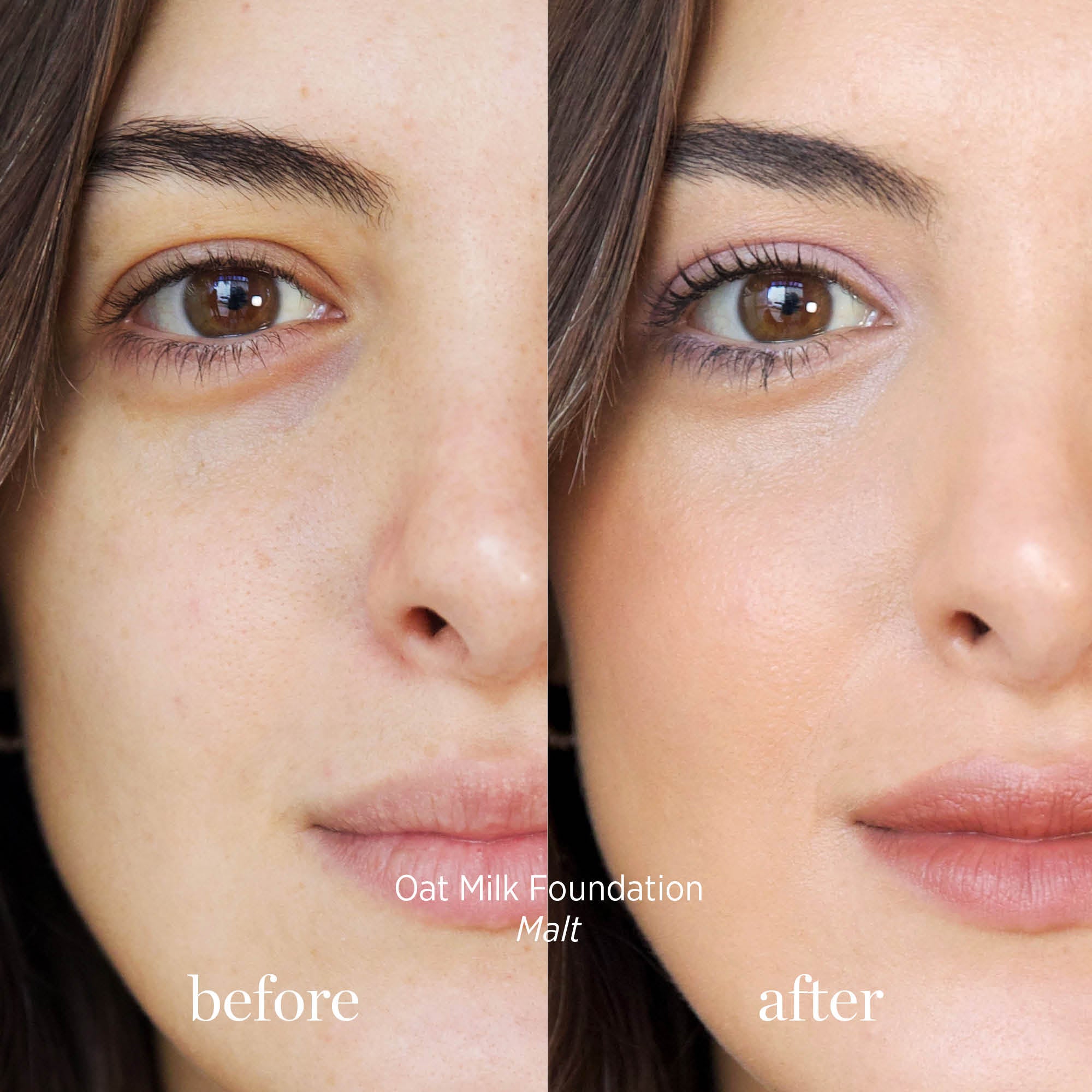 
  
  Ere Perez Oat Milk Foundation Malt on a woman with light complexion and golden undertones. Before and after.
  
