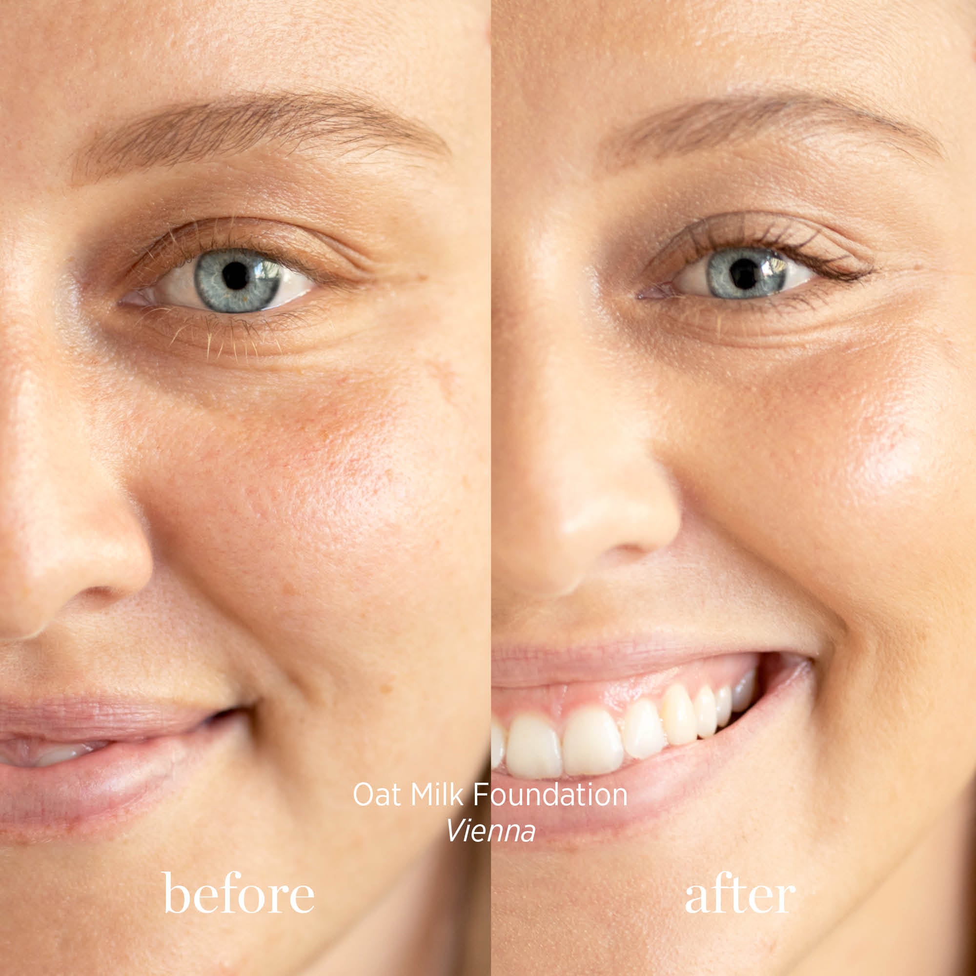 
  
  Ere Perez Oat Milk Foundation Vienna on a woman with light complexion and gold and neutral undertones.
  
