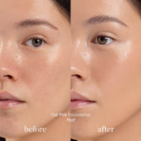 
  
  Ere Perez Oat Milk Foundation Malt on a woman with light complexion and neutral undertones. Before and after.
  
