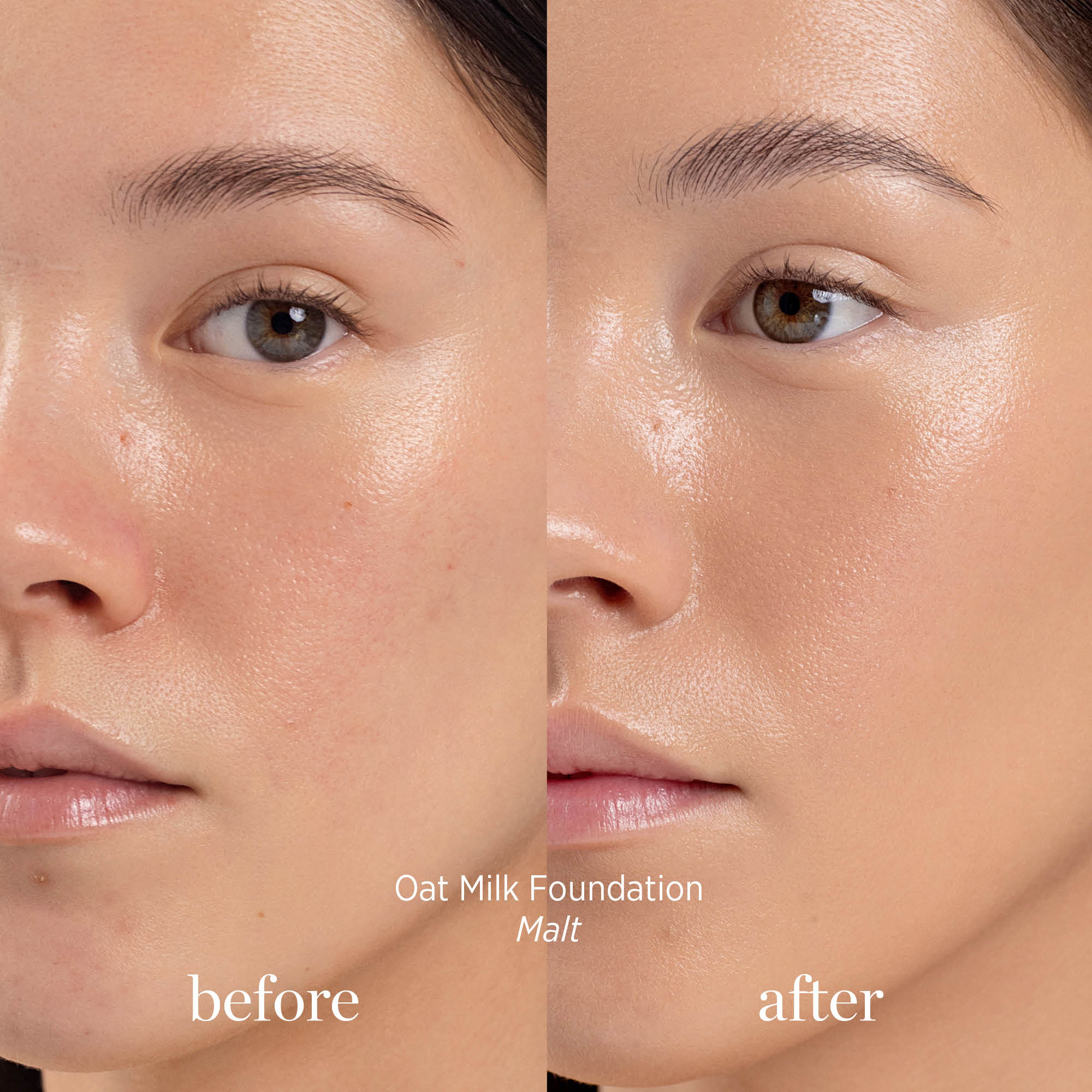 
  
  Ere Perez Oat Milk Foundation Malt on a woman with light complexion and neutral undertones. Before and after.
  
