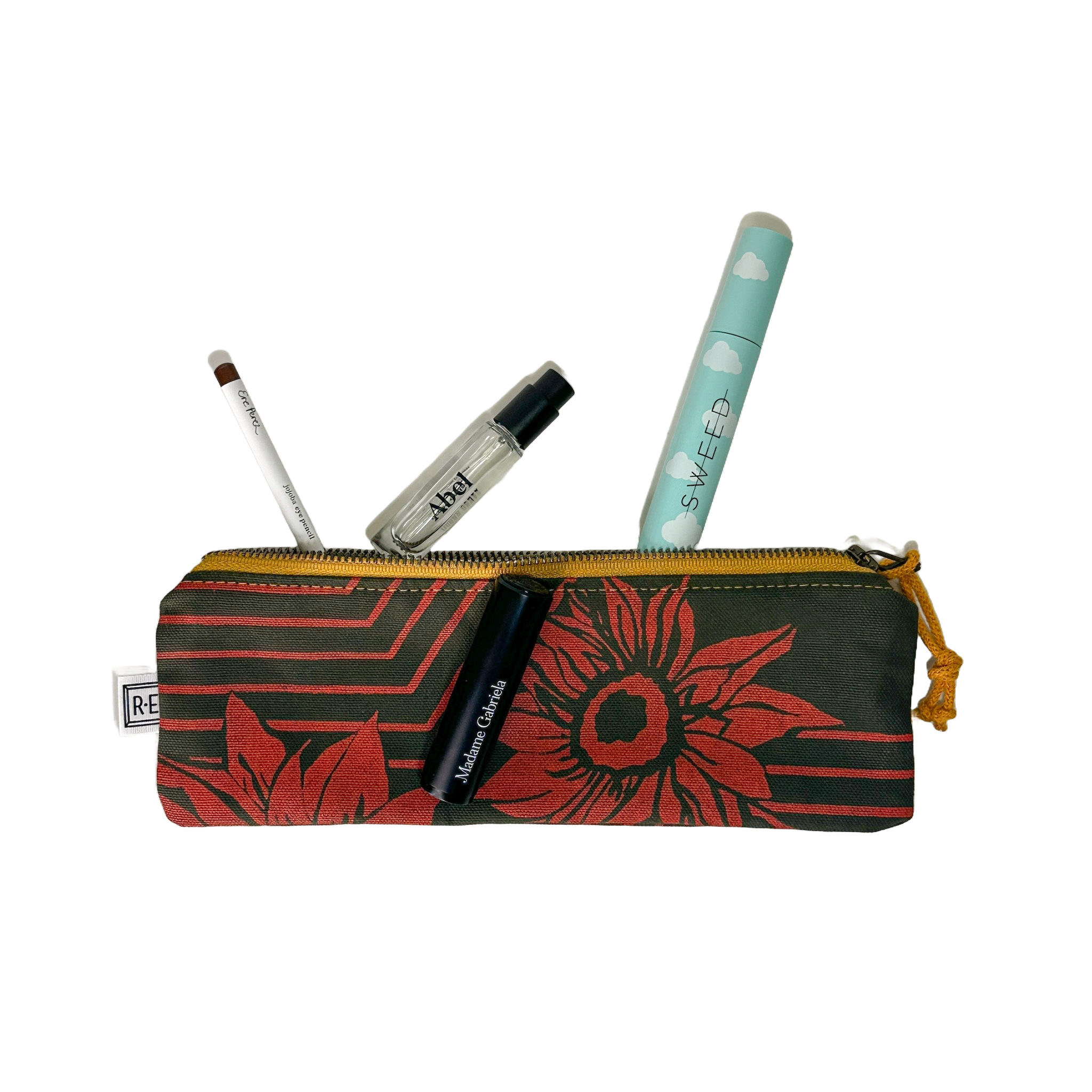 
  
  Small Rachel Elise Studio Garden Sunflower case partially unzipped to show makeup and skincare inside.
  
