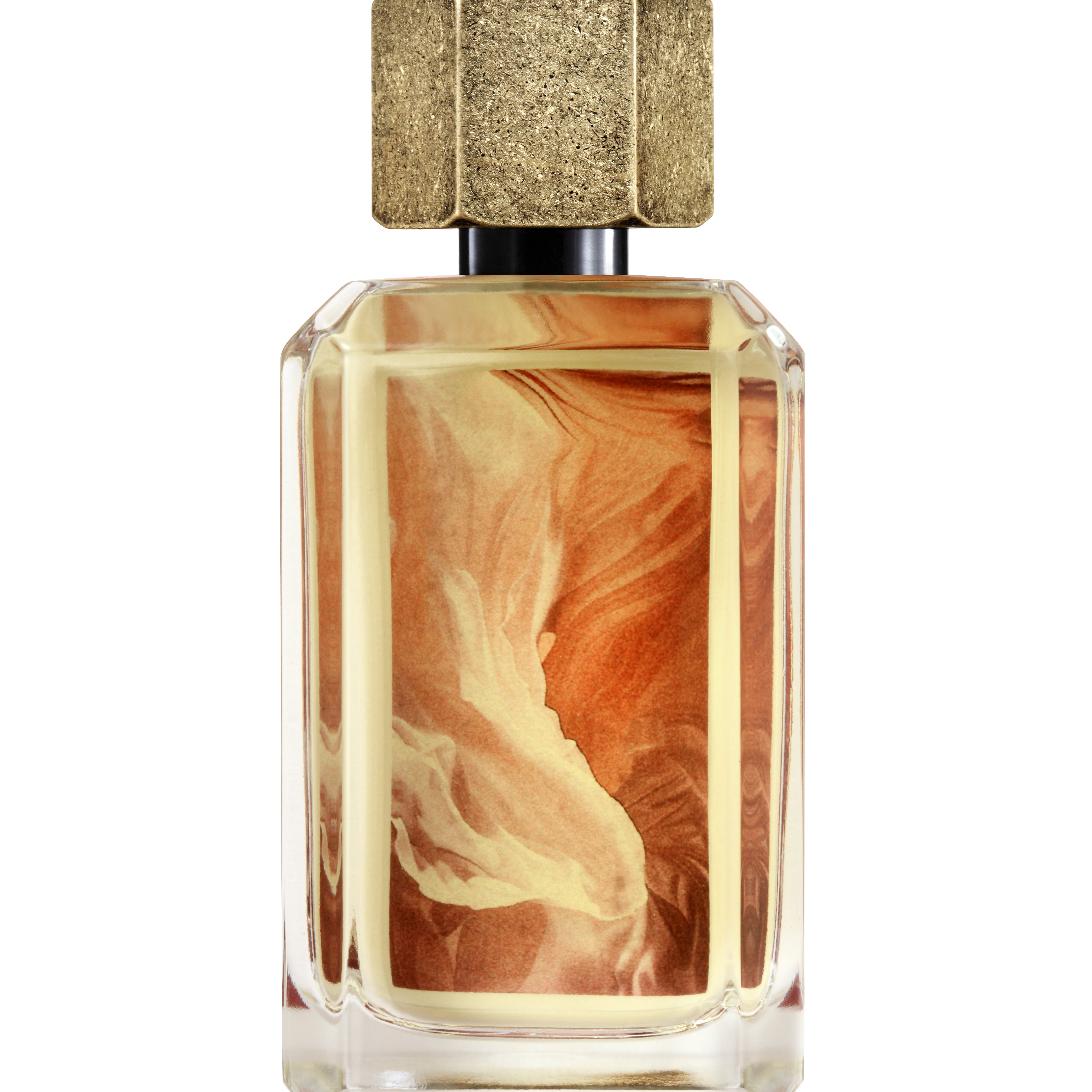 
  
  Comme Un Gante perfume bottle revealing its liquid with marbled floral backdrop behind the logo sticker.
  
