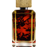 
  
  perfume bottle showing its liquid with red floral backdrop behind the logo sticker.
  
