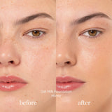 
  
  Ere Perez Oat Milk Foundation Honey on a woman with light complexion and golden undertone displaying the before and after.
  
