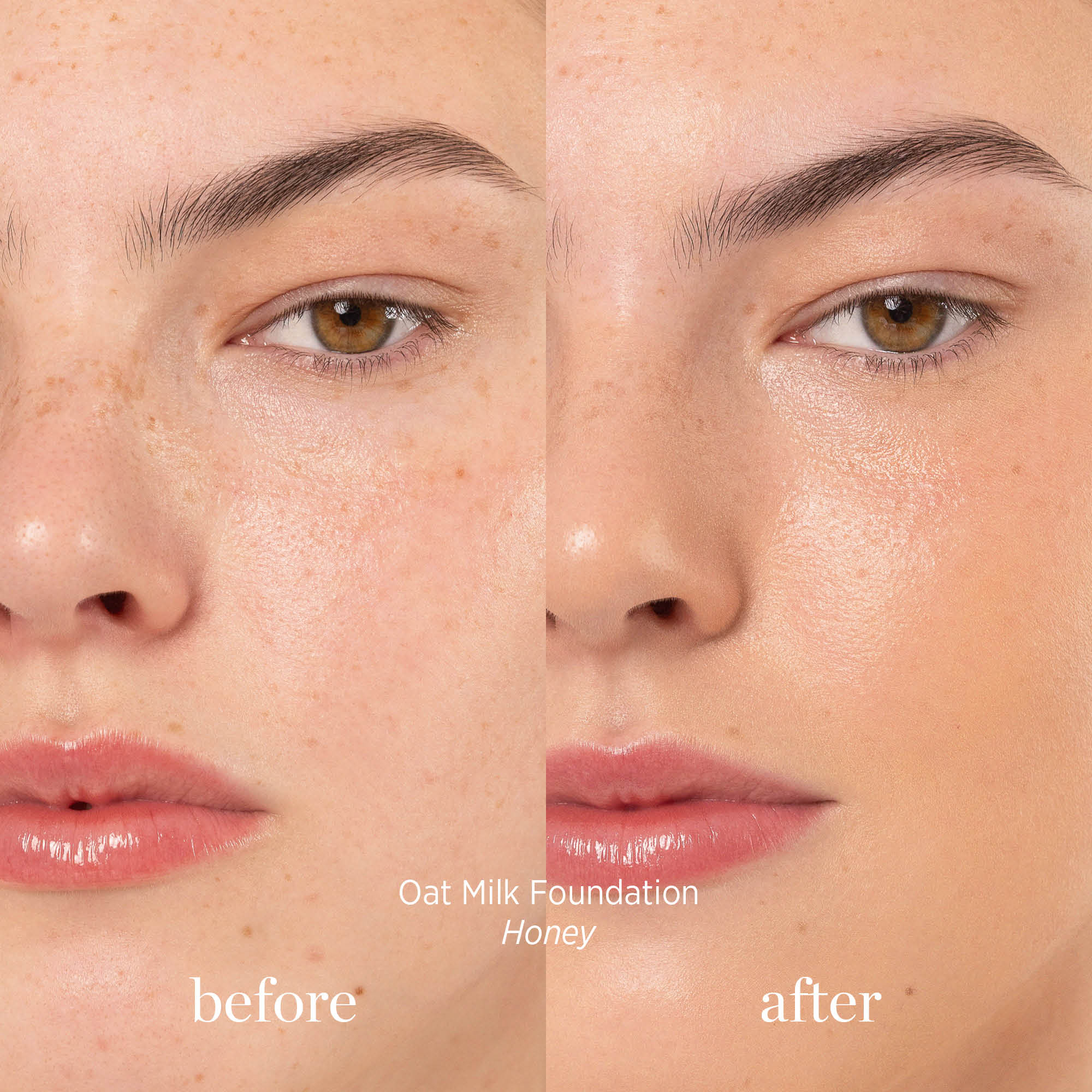 
  
  Ere Perez Oat Milk Foundation Honey on a woman with light complexion and golden undertone displaying the before and after.
  
