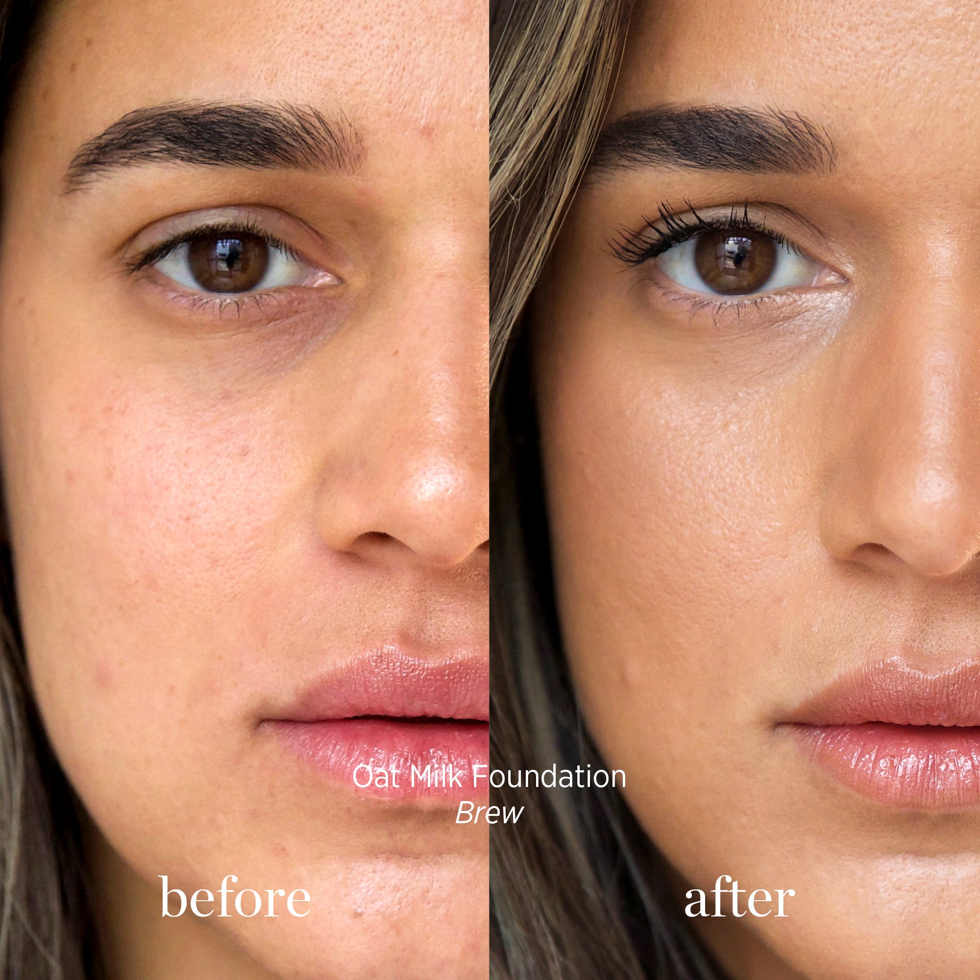 
  
  Ere Perez Oat Milk Foundation Brew on a woman with medium complexion and neutral undertones. Before and After.
  
