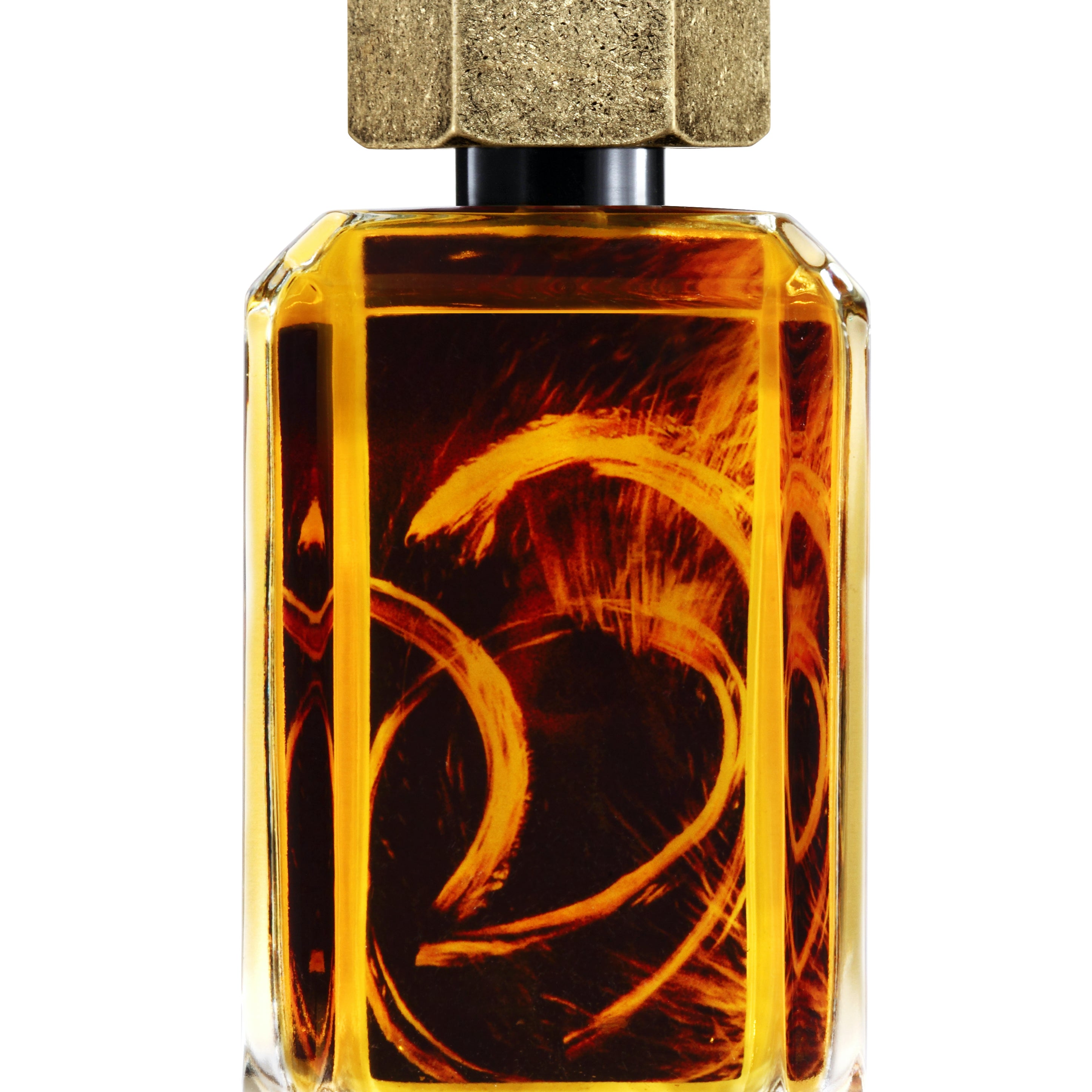 
  
  L'eau Des Immortels perfume bottle revealing its liquid with fiery backdrop behind the logo sticker.
  
