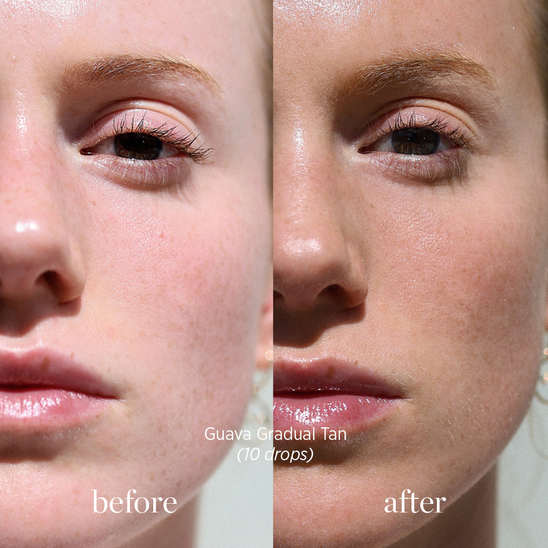 
  
  Before and after comparison of a tan application on a person's face with Ere Perez Guava Gradual Tan, displaying how many drops were applied to skin.
  
