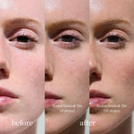 
  
  Before and after comparison of Guava Gradual Tan application on a person's face, comparing six drops, ten drop to skin before application.
  
