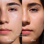 
  
  Before and after comparison of a woman's face with Guava Gradual Tan product application.
  
