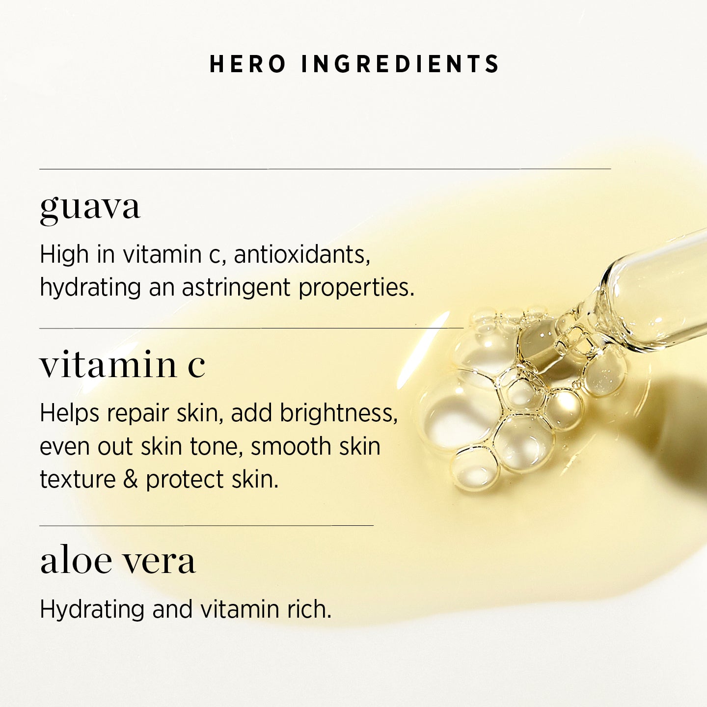 
  
  Hero Ingredients of Ere Perez Guava Gradual Tan featuring  guava, vitamin C, and aloe vera text on a light background
  
