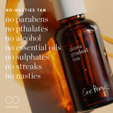 
  
  Brown bottle labeled guava gradual tan by Ere Perez with text highlighting product features.
  
