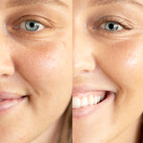 
  
  Before and after application of Ere Perez Lychee Creme Corrector Tres on a woman with light complexion and neutral undertones.
  
