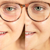 
  
  The same woman as the previous photo, wearing the Creme Correcto,r but now wearing glasses.
  

