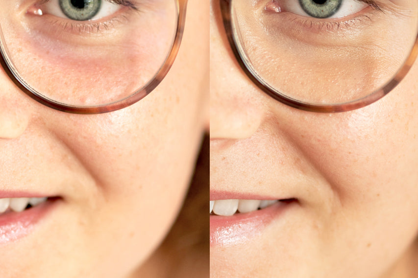 
  
  The same woman as the previous photo, wearing the Creme Correcto,r but now wearing glasses.
  
