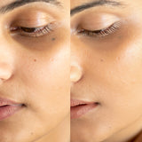 
  
  A before and after of Ere Perez Lychee Creme Corrector Cinco on a woman with medium complexion and neutral undertones.
  
