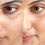 
  
  A before and after of Ere Perez Lychee Creme Corrector Cinco on a woman with medium complexion and pink undertones.
  
