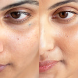 
  
  A before and after of Ere Perez Lychee Creme Corrector Cinco on a woman with medium complexion and pink undertones.
  
