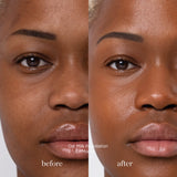 
  
  Ere Perez Oat Milk Foundation Mocha on a woman with dark complexion and neutral undertones.Before and after.
  
