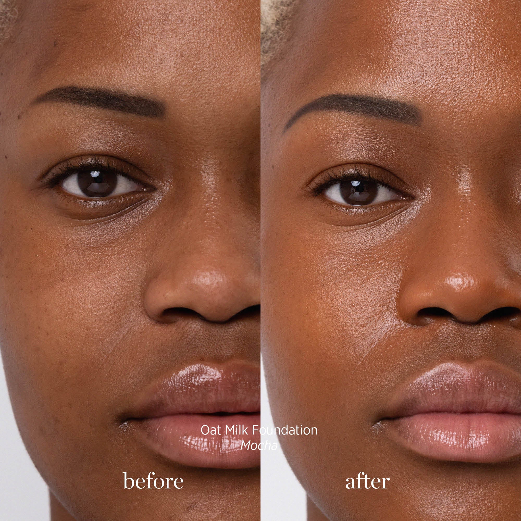 
  
  Ere Perez Oat Milk Foundation Mocha on a woman with dark complexion and neutral undertones.Before and after.
  
