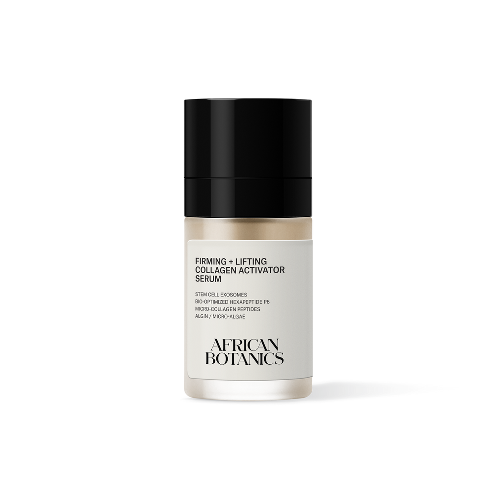
  
  African Botanics Firming + Lifting Collagen Activator Serum bottle with black cap and white label on a white background
  
