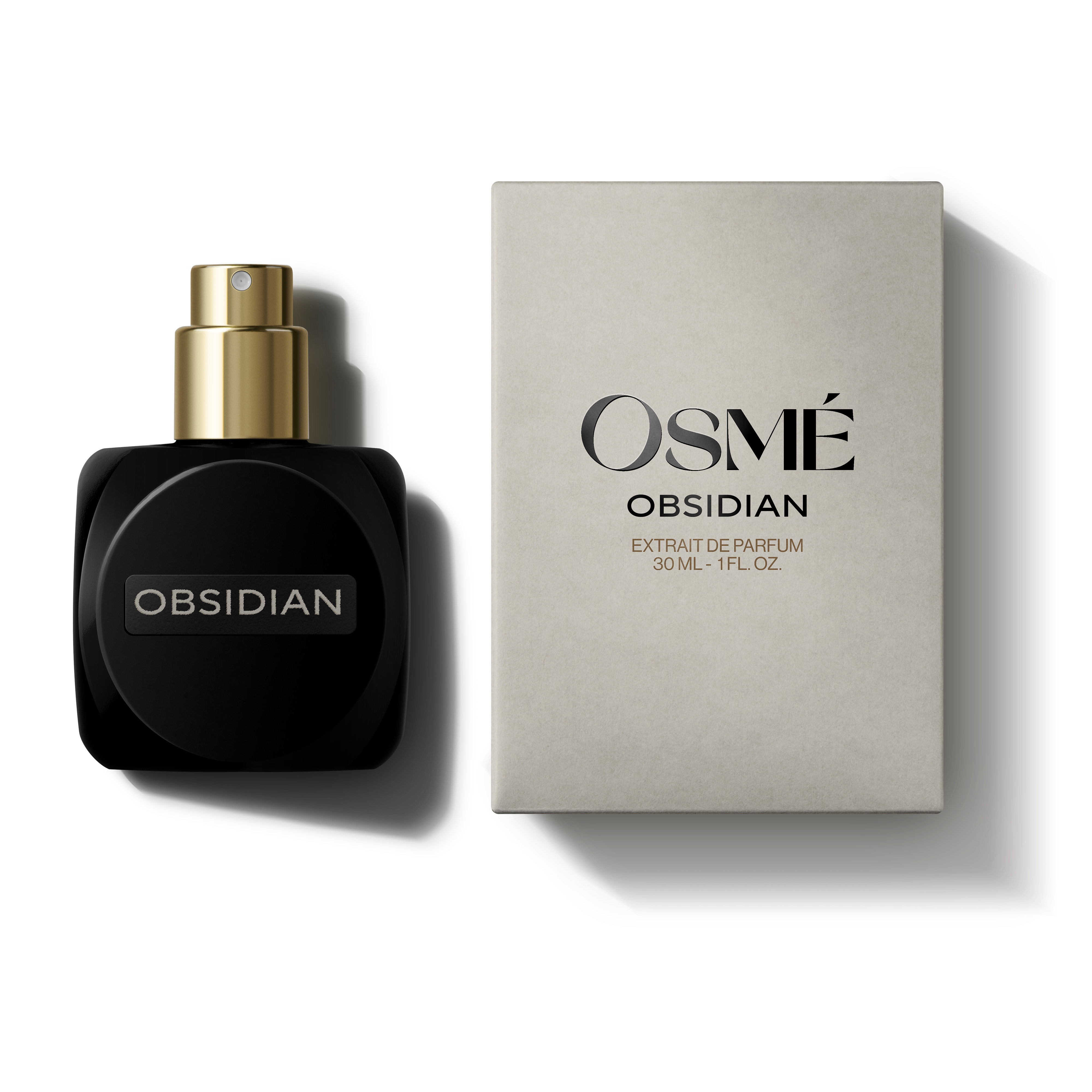 
  
  Osmé Obsidian perfume bottle with top removed and packaging on a white background
  
