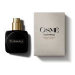 
  
  Black Osmé Fragrance TURMALI perfume bottle with cap off and 'Osmé Turmali' packaging on a white background
  
