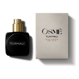 
  
  Black Osmé Fragrance TURMALI perfume bottle with cap off and 'Osmé Turmali' packaging on a white background
  
