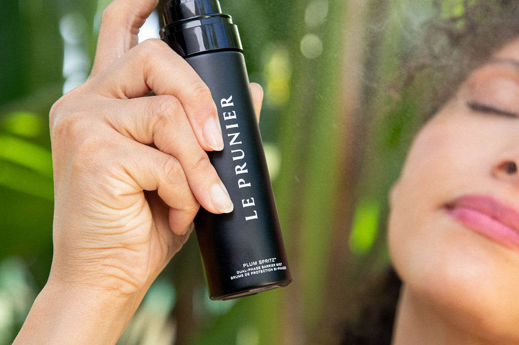 
  
  Person holding a Le Prunier sPlum Spritz against a blurred green background
  

