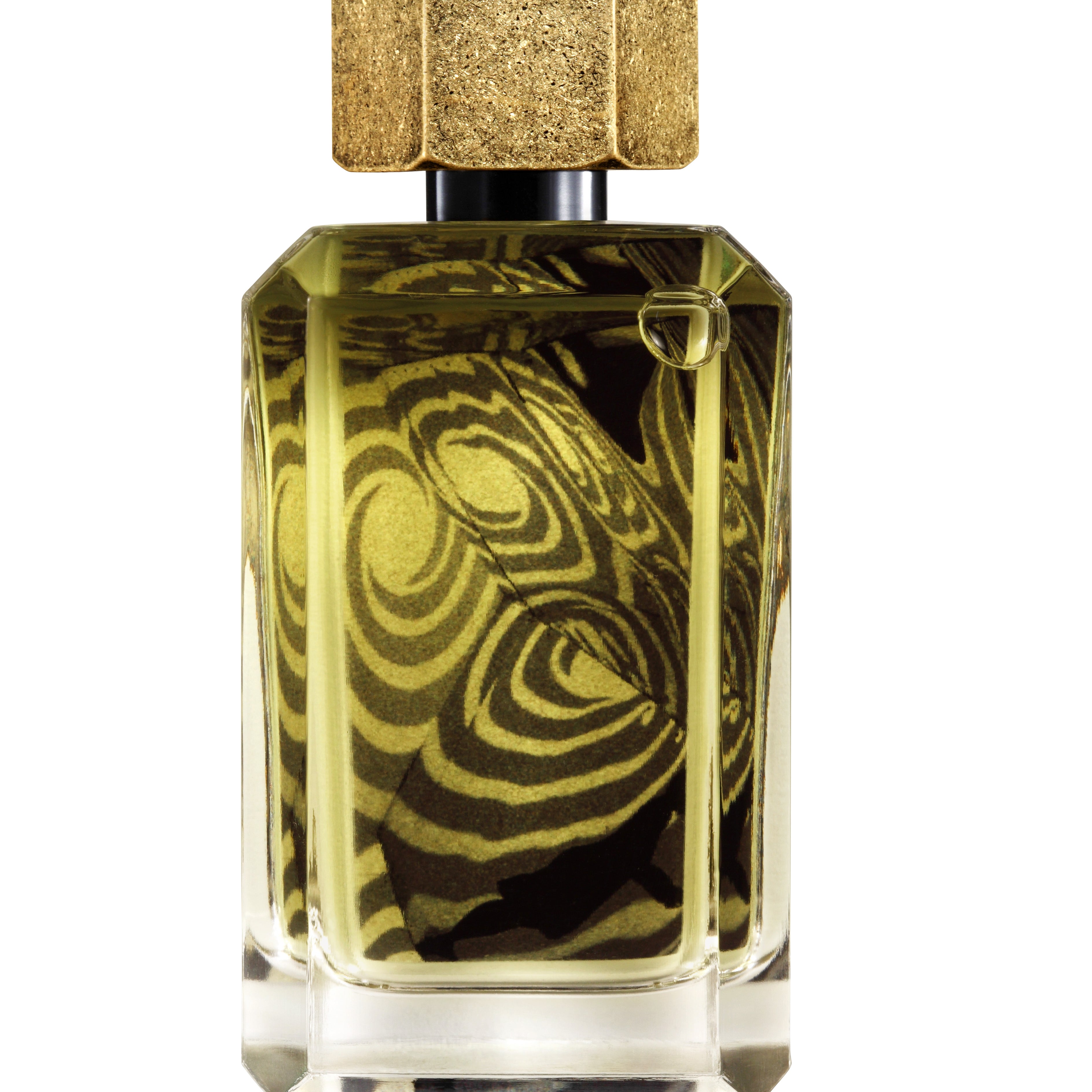 
  
  perfume bottle showing its liquid with marbled floral backdrop behind the logo sticker.
  
